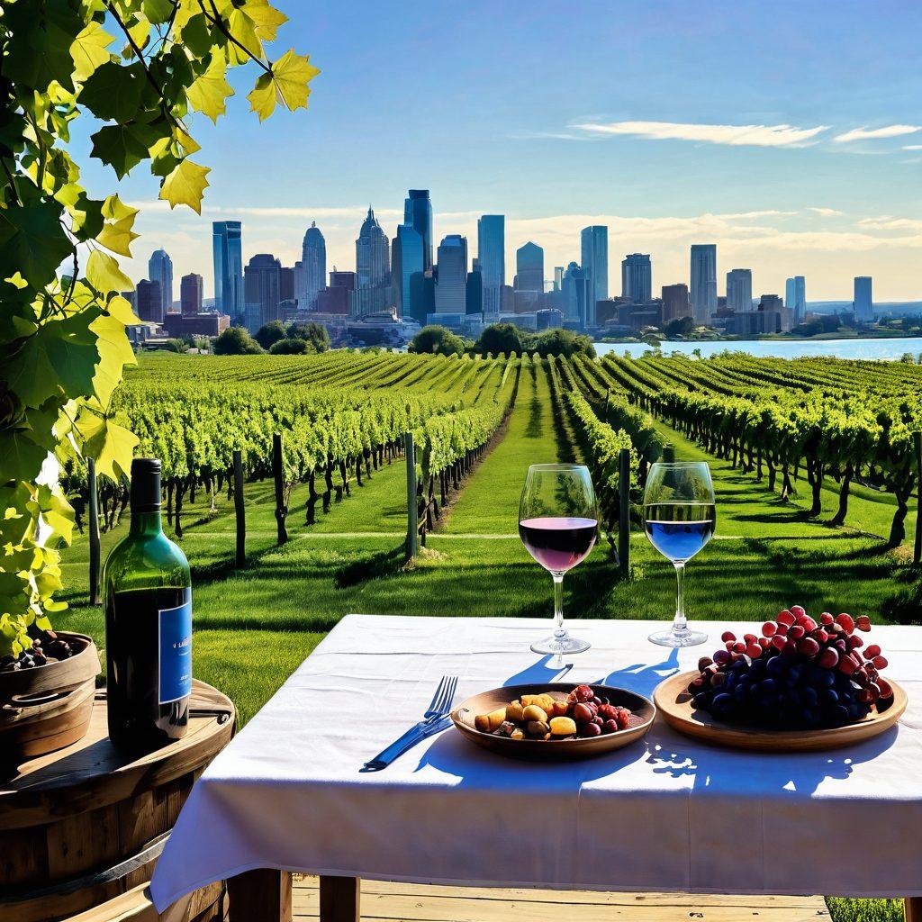 A picturesque vineyard in Detroit, showcasing rows of lush grapevines under a bright blue sky. In the foreground, a rustic wooden table set with an array of gourmet dishes and glasses of wine, inviting viewers to explore culinary delights. Include a vintage wine barrel and the Detroit skyline subtly in the background for a unique touch. warm sunlight casting beautiful shadows. super-realistic. vibrant colors.