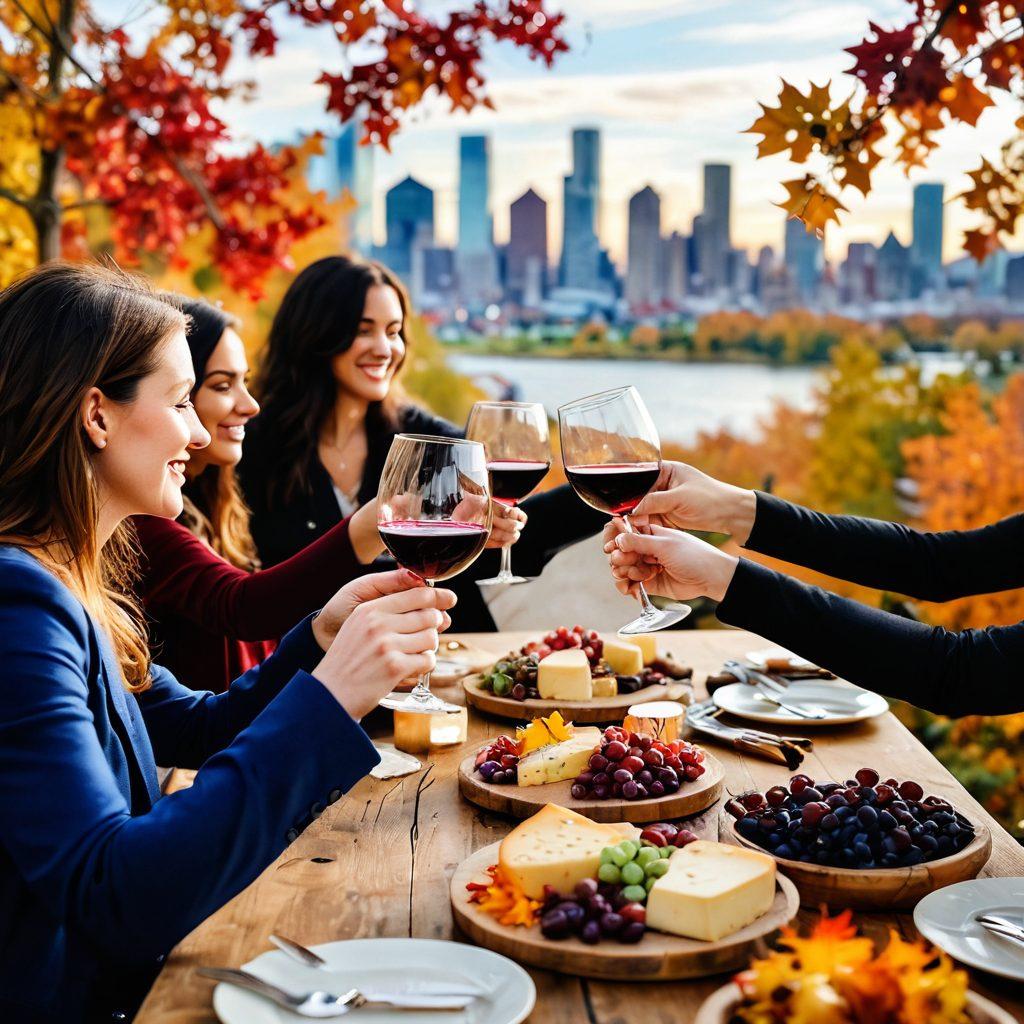A lively wine tasting event in a chic Detroit vineyard, featuring a diverse group of people clinking glasses filled with rich red and white wines, surrounded by colorful autumn leaves and city skyline in the background. The atmosphere is warm with soft fairy lights adding a magical touch. Include a wooden table laden with cheese platters and wine bottles. super-realistic. vibrant colors. warm ambiance.